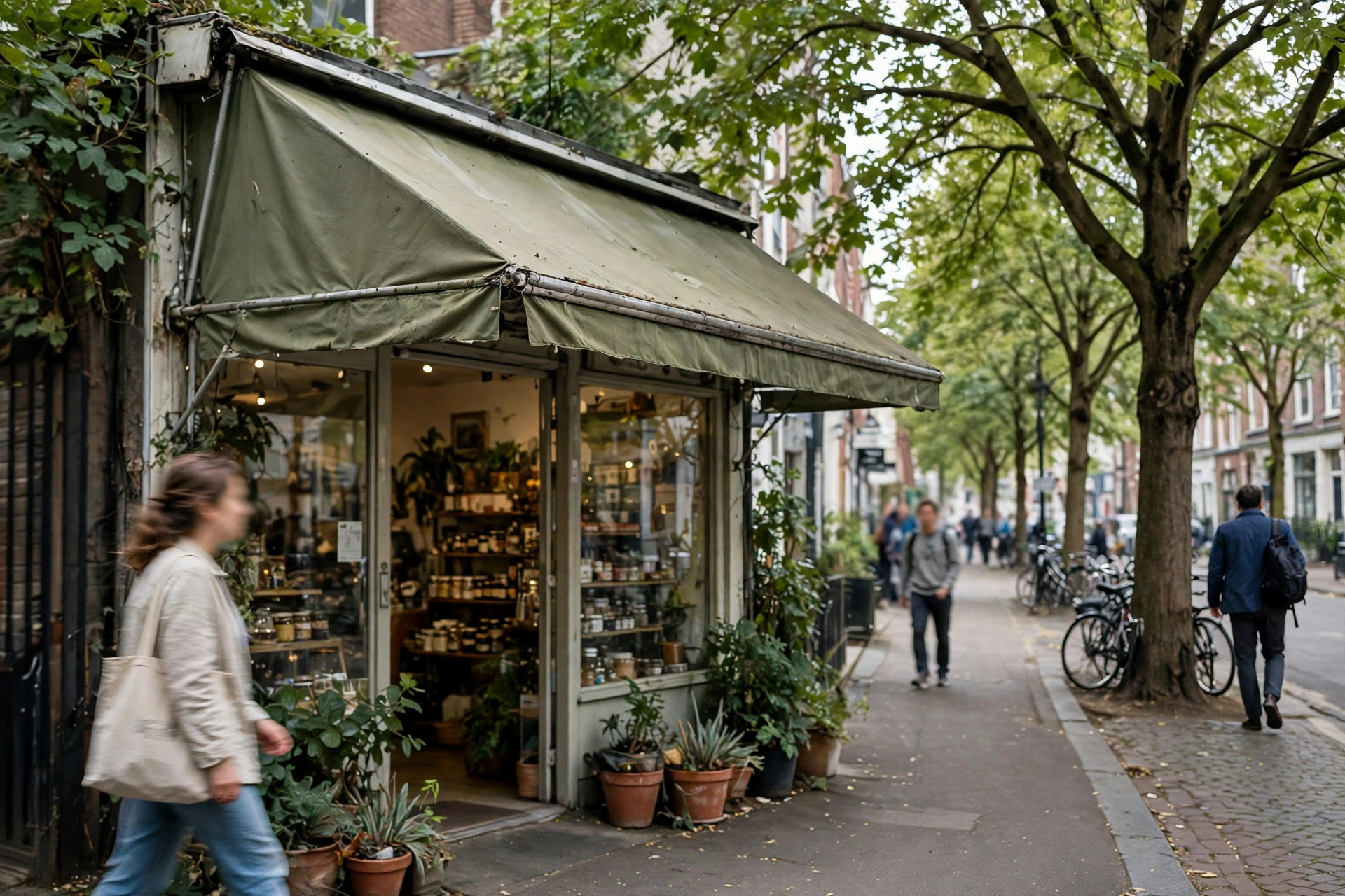 Small shopfront with an awning and window display on a tree-lined street