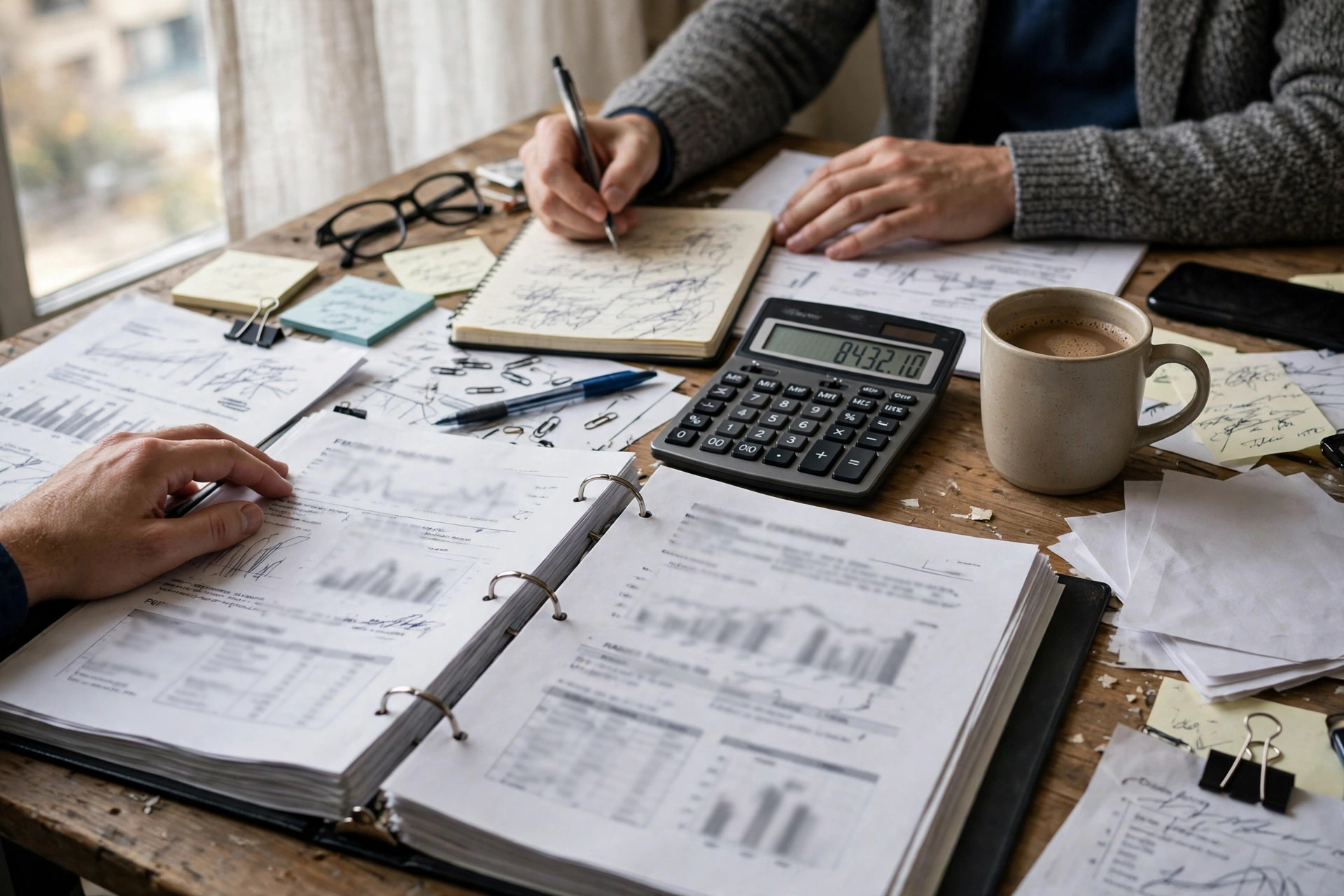 Analyst comparing a thick printed disclosure document with a calculator and notes